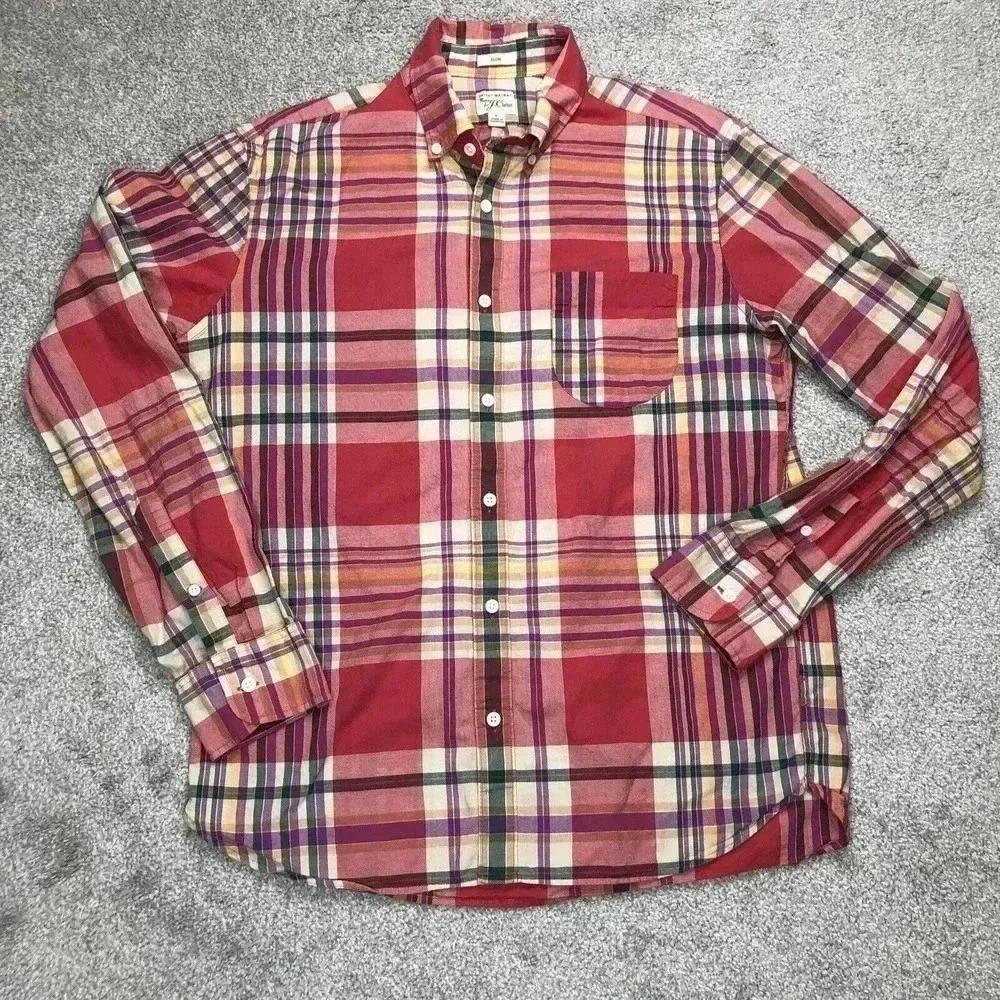 J Crew Mens Button Down Shirt Sz L Red Checkered‎ Long Sleeves Indian Mandras